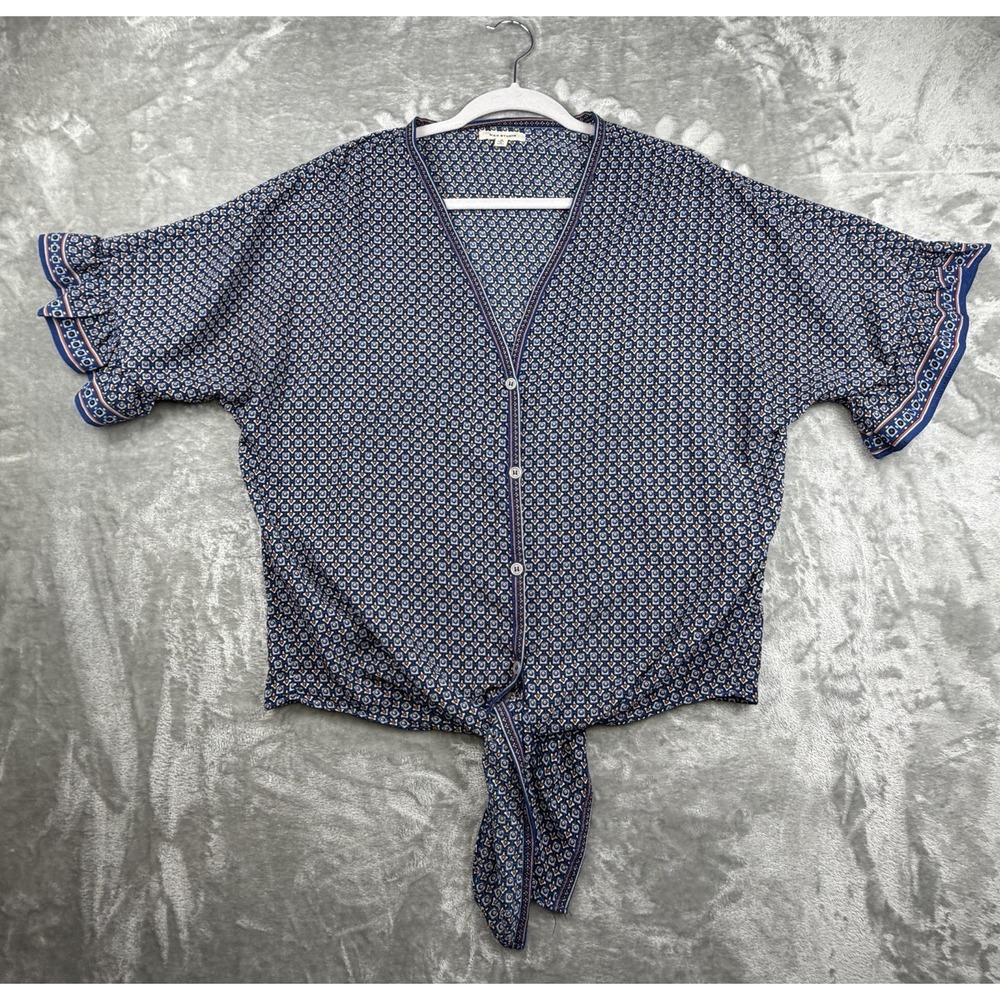 Max Studio Womens Blouse Med Boho Blue Tie Hem Button Front Ruffle Short Sleeve